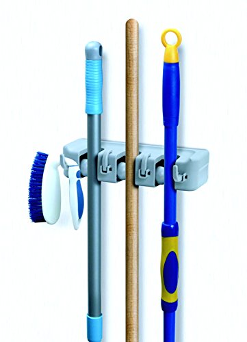 Superio Mop And Broom Holder, Wall Organizer, 3 Slots and 4 Hooks, White