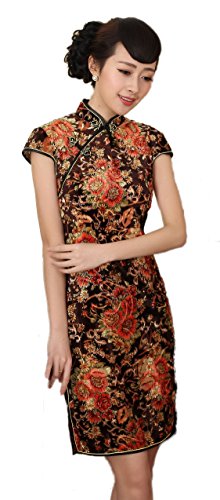 AvaCostume Women's Pleuche Chinese Flare Floral Print Qipao Dress