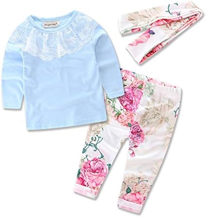 Babys Girls Letter Lace Flower Clothing Sets Top T-Shirt + Long Pants Kids Clothes (80)