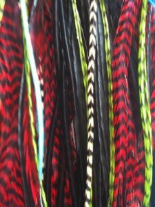 Feather Hair Extension – Red, Green, Black & Grizzly Remix, Five Genuine Rooster Feathers Bonded at the Tip, Ranging from 6 to 10 Inches, Includes 2 Silicone Crimp Beads, One Extension
