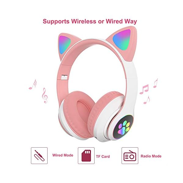 HuPop-Kids-Headphone-Cat-Ear-Headphone-Foldable-Bluetooth-Flashing-LED-Light-Up-Wireless-Over-Ear-Headset-with-Microphone-Compatible-with-iPhoneSmartphoneiPadTablet-Pink HuPop Kids Headphone - Cat Ear Headphone Foldable Bluetooth Flashing LED Light Up Wireless Over Ear Headset with…