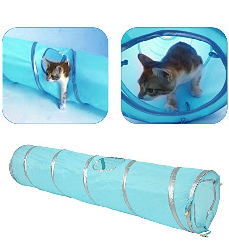 Cat Crinkle Tunnel Toy for Kittens - Foldable 47.2 Inch Long with Hole and Ball, Indoor Outdoor Interactive Play and Training Pet Toy (Blue)