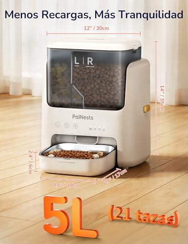 PalNests Comedero Gato Automatico, 5L Doble Tolva Dispensador Comida Gatos/Perros, 2.4G/5G WiFi, App Control, 10 Comidas por Día, Liofilizados Compatibles, Control de Porciones, Cuenco de Acero INOX