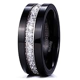 King Will GEM Mens 8mm Black Polished Finish Tungsten Carbide Ring Cubic Zircon Stones Flat Style/Beveled Edge