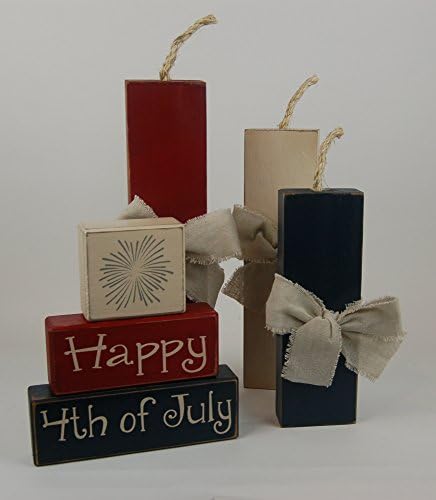 Fireworks Happy 4th of July Firecrackers Americana Decor Primitive Country Distressed Wood Stacking Sign Blocks Seasonal Holiday America Fourth of July-4th of July Americana Home Decor