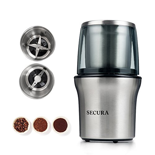 Secura Electric Coffee Grinder and Spice Grinder with 2 Stainless Steel Blades Removable Bowls