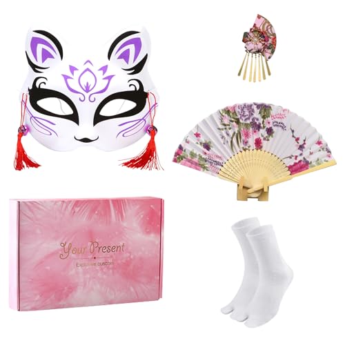 CRFASIBE 5 Pieces Long Kimono for Women, Japanese Kimono Robes with Sakura Print, Gift Set Japanese Cosplay Costume with Accessories | Japonés Style Yukata con Estampado, Disfraz de Cosplay con Accesorios, Ideal para Carnaval, Fiestas y Celebraciones