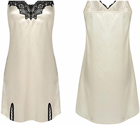 Varubaba Soft Nightgowns Women Summer Satin Nightgown V-Neck Lace Patchwork Nightwear Spaghetti Strap Mini Robes Sleepwear 4AM Beige XL