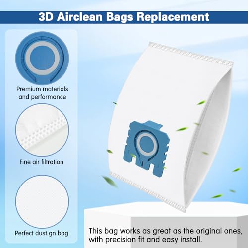 12 Pack 3D GN Air Clean Dust Bags Compatible with Miele GN Vacuum Cleaner Bags for Classic C1 Complete C2 Complete C3 S2 S5 S8 S400 Series with 4 Motor Protection Filters, 4 Exhaust Filters