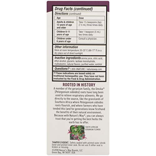 NATURE’S WAY UMCKA COLD AND FLU RELIEF SYRUP, FEVER*, SORE THROAT, COUGH, CONGESTION, BODY ACHES*, HOMEOPATHIC, PHENYLEPHRINE FREE, 0.05% ALCOHOL, BERRY FLAVORED, 4 FL OZ (PACKAGING MAY VARY)