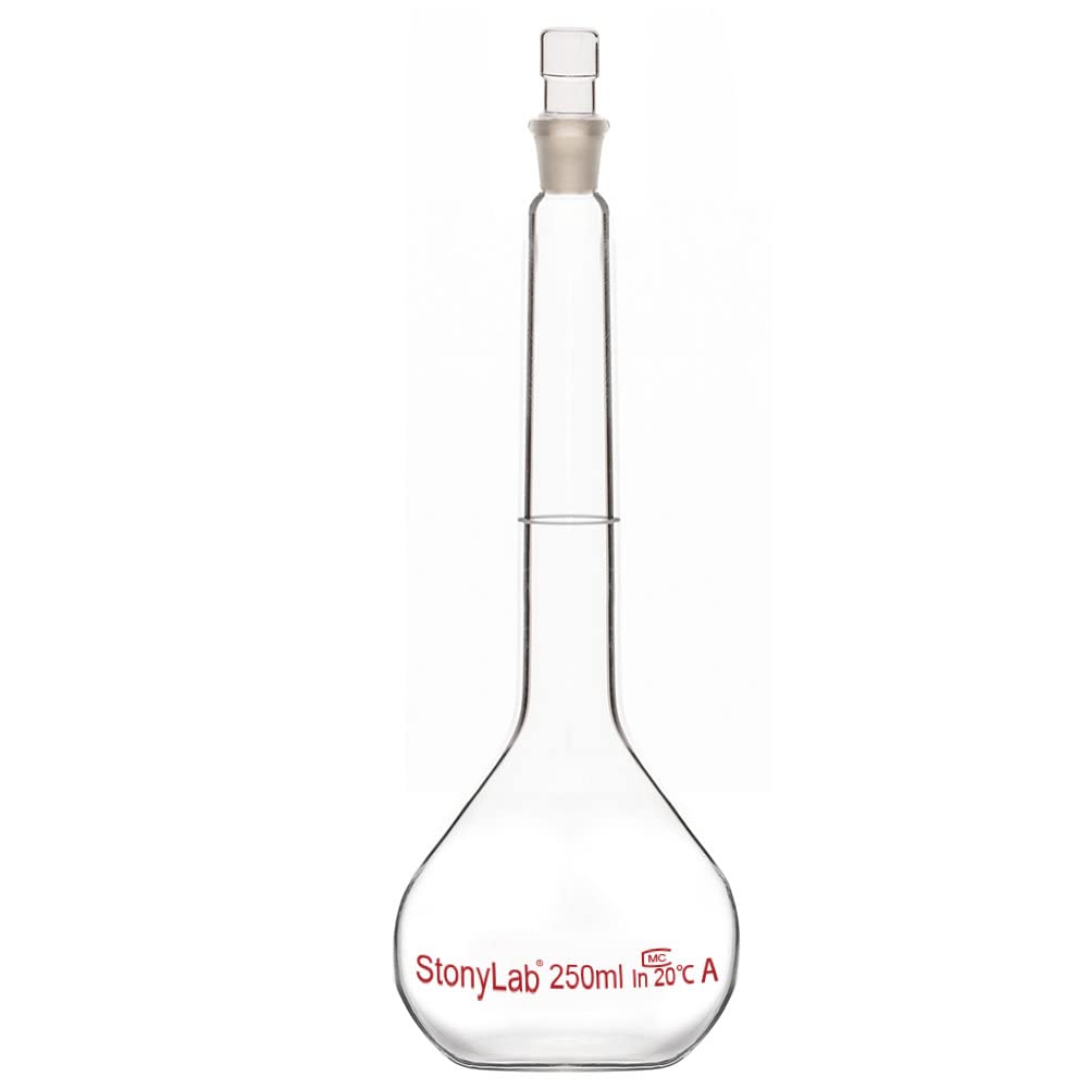 stonylab Glass Volumetric Flask Class A with Glass Stopper, Borosilicate Glass Heavy Wall Volumetric Flask Tolerance ±0.15ml, 250ml