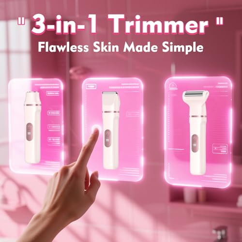 Bikini Trimmer for Women, 3-in-1 Lady Shaver with LED Display, Electric Razor for Women, Pubic Hair Trimmer, IPX7 Waterproof Wet & Dry, Ceramic Blade, USB Charging Dock, Pink