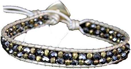 Ivory Beaded Leather Single Wrap Bracelet w/ Mix of Silver and Gold Sparkling Stones; Nakamol