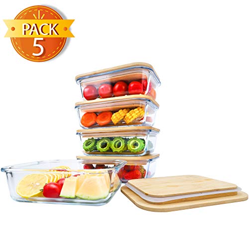 BlueHills Premium Glass Meal Prep Lunch Containers with bamboo Lids Plastic Free Glass Food Containers BPA-Free Microwave Oven Freezer Dishwasher Safe 5 pack set 10 pieces (G004 bamboo lid) - Thumbnail 4