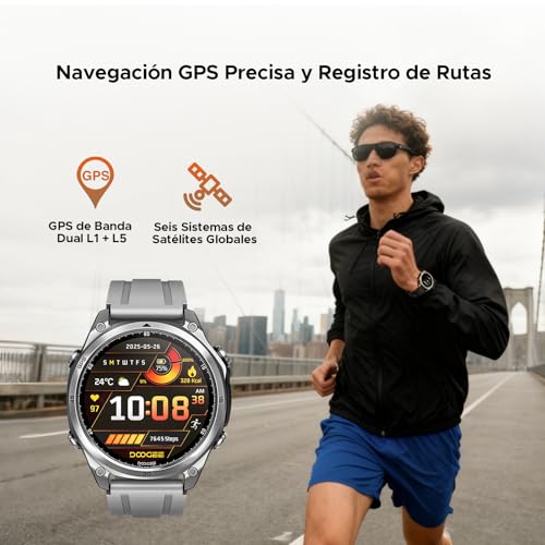 DOOGEEEco ANYWISEW1, Reloj Inteligente Militar para Hombre, GPS de Doble Banda 5ATM, Compatible con Android y iPhone, Pantalla AMOLED de 1,43", más de 170 Modos Deportivos