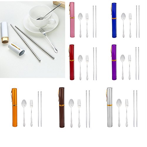 Portable Folding Travel Dinnerware Set Stainless Steel Tableware Camping Tools Reusable Lunch Cutlery Fork Spoon Chopsticks Set (Gold)