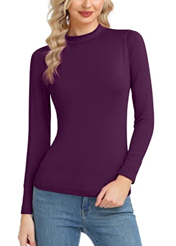 Mock Neck Tops for Women Long Sleeve Basic Layering Slim Fitted Thermal Shirts Purple Medium at Amazon