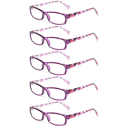 Reading Glasses 5 Pairs Fashion Ladies Readers Spring Hinge with Pattern Print Eyeglasses for Women (5 Pack Purple, 2.5)