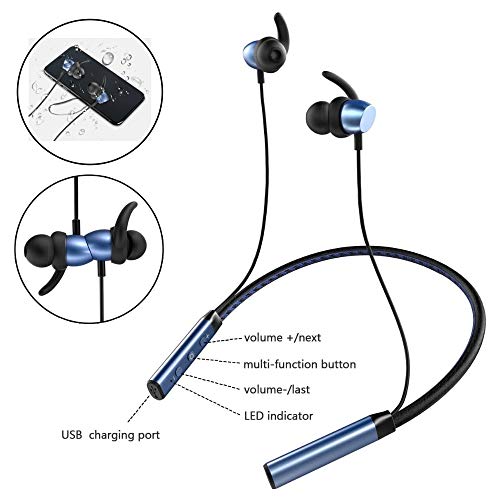 Bluetooth 5.0 Neckband Headphones, Wireless Neckband Headset Stereo Noise Cancelling, IPX5 Waterproof Sports Earphones, Gym, Workout, Travel, Business, Magnetic Earbuds – Blue