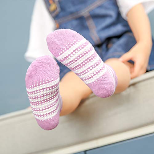 Dicry Girls Ankle Socks Grips Baby Toddler Kids Non Slip Anti Skid 12 Pairs, Stripes Solid, 12-36 Months (Size 4-8)