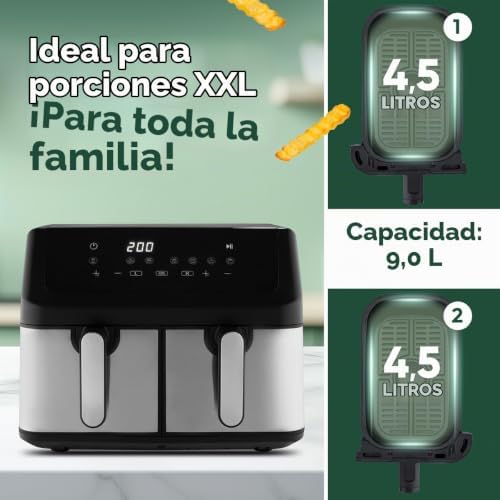 ProfiCook® Freidora de aire caliente 2 cámaras | Airfryer | 9 litros | con sistema de preparación simultánea | freír sin grasa | Freidora de aire caliente | recipiente antiadherente | PC FR 1296 H