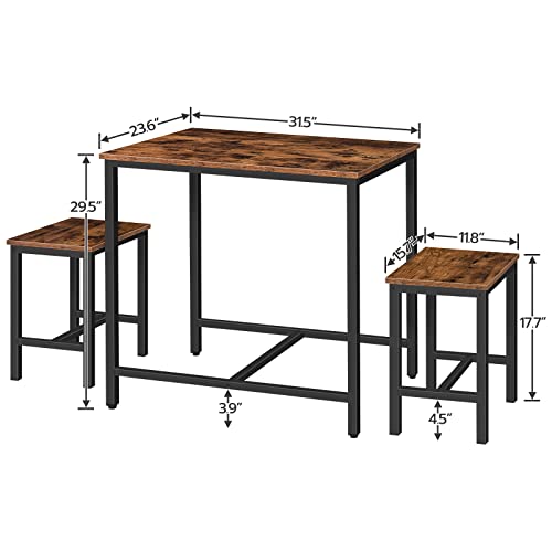 HOOBRO 3-Piece Bar Table Set, 80cm Rectangular Counter Height Pub Table with 2 Stools, Rusitc Brown Small Dining Table with Black Metal Frame, ‌Space-saving Kitchen Breakfast Table Set for Dining Room