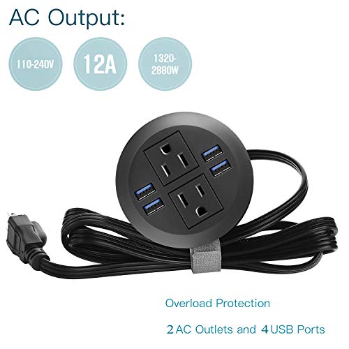 Desk Power Grommet Outlet with USB, Recessed Power Strip Receptacle Outlet, Plug-in 2 Plug Connect 6.5 ft Extension Cord Suitable Furniture Conference Room Office Kitchen Table
