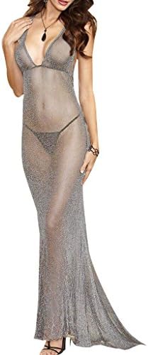 HotAmz Women Deep V Lace Sexy Thin Dresses,Women Lingerie Halter Lace Babydoll Transparent Sleepwear (Silver)