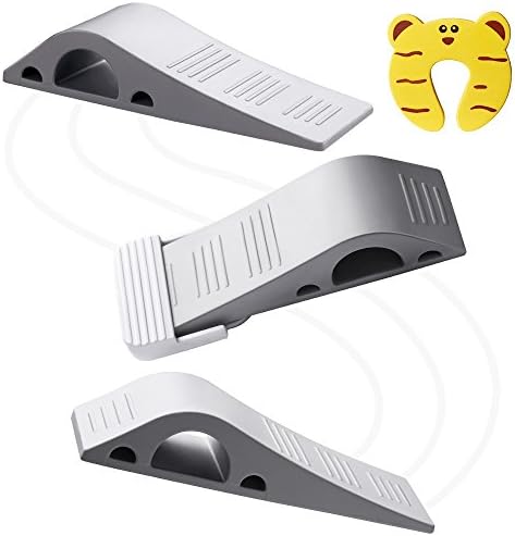 Door Stopper Rubber Wall Stop Bumper Floor Wedge Heavy Duty Safety Guard Draft Fit Wood Carpet Tile Floor For Kids Security Baby Safety,Free Finger Pinch Guard(3 Pcs, Grey)