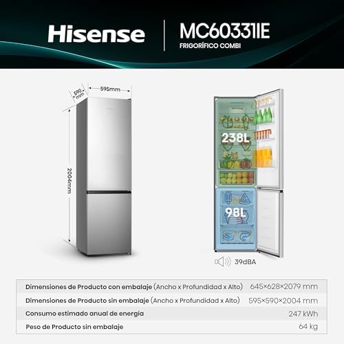 MC60331IE - Frigorífico No Frost combinado, 200cm de altura, 60cm de largura, classe E, capacidade para 336 litros, suporte para garrafas, porta reversível a 90º, Multi Airflow, profundidade reduzida 58cm, silencioso 39dB