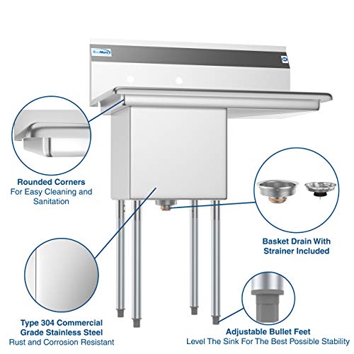 KoolMore 1 Compartment Stainless Steel NSF Commercial Kitchen Prep & Utility Sink with Drainboard - Bowl Size 15" x 15" x 12"