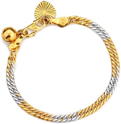 NP JEWELRY - 18K Gold Yellow Silver Flat Curb Chain Heart Bell Charm Baby Toddler Kids Girls Bangle Bracelet 5.2"