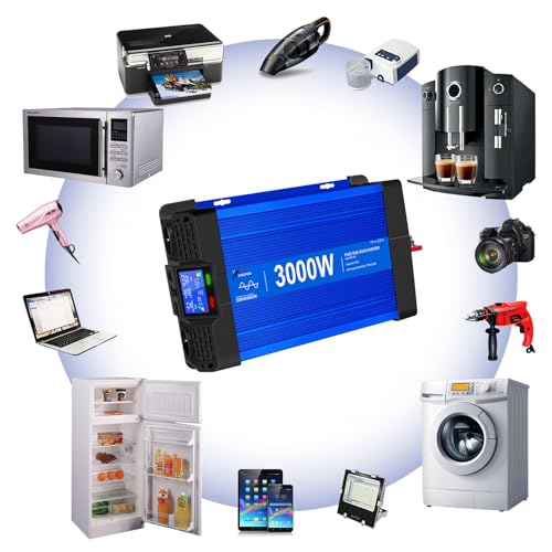 ETREPOW 3000 W / 6000 W 24 V to 230 V Pure Sine Wave Inverter with Remote Control, 2 EU Sockets, 2 USB + Tycp-C Connections, Suitable for Household Appliances, Motorhomes, Camping Voltage Converter