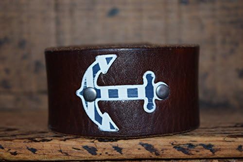 Upcycled Blue White Brown Leather Cuff Bracelet Riveted with Anchor Medallion