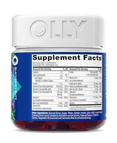 OLLY Men's Multivitamin Gummy, Vitamins A, C, D, E, B, Zinc, Blackberry Flavor, 45 Day Supply - 90 Count