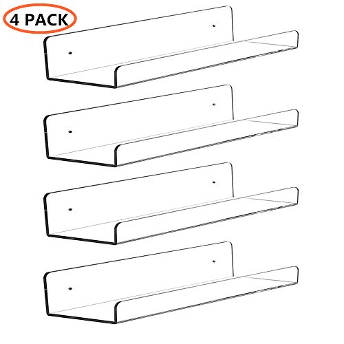 CY craft Clear Acrylic Floating Shelves Display Ledge, 5 MM Thick Wall Mounted Storage Shelf for Kitchen/Bathroom/Office,Invisible Kids Bookshelf and Spice Rack,15 Inch,Set of 4