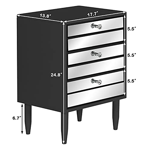 LAZZO Mirrored Nightstand with 3 Drawers, Modern End Table Storage Sofa