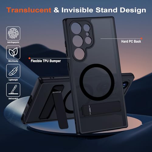 Case for Samsung Galaxy S23 Ultra Compatible with MagSafe, Translucent Matte Case with Magnetic Kickstand Case [3 Adjustable Stand Modes] Military Grade Drop Protection Cover, Black