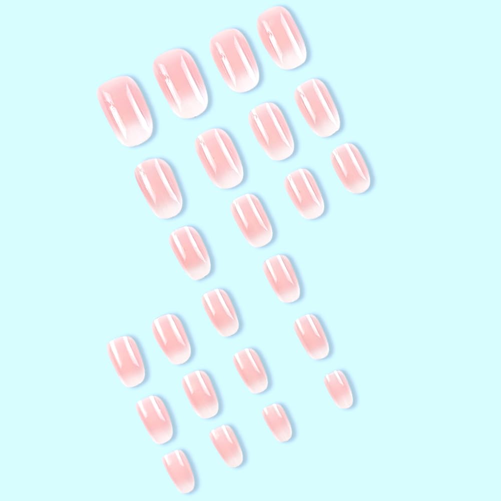 Almond Press on Nails,Acrylic Nails Press on, Almond Shape Press On Nails Short Fake Nails Glossy False Nails with Pink White Ombre Press ons Designs Artificial Nails Stick on Nails for Women 24Pcs - Image 3