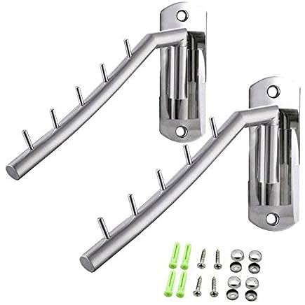 2 Pack Stainless Steel Folding Wall Mounted Clothes Coat Hanger Rack Clothes Hook Swing Arm Holder with 5 Hooks Polished Finish Clothing Hanging System Closet Storage Organizer Heavy Duty Drying Rack