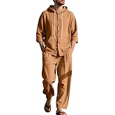 TAFLE Men's 2 Pieces Cotton Linen Set Casual Long Sleeve Henley Shirts Beach Yoga Pants Summer Outfits