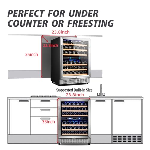 Karcassin 24 Inch Wine Cooler Refrigerator, 46 Bottle Built-in Freestanding Stainless Steel Double Layer Glass Door, Dual Temp Zones Wine Fridge for Red & White Wine with Advanced Cooling System