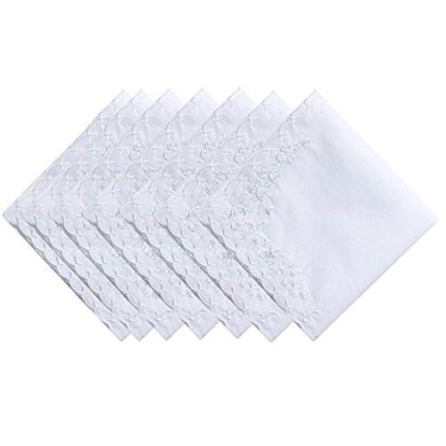 COCOUSM Womens Large Soft White Embroidered Handkerchiefs - 60s Cotton Square 17"