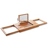 Everything Bamboo Bathtub Caddy Tray Featuring Extendable Sides, Glass Holder, Folding Mirror & Towel Holder