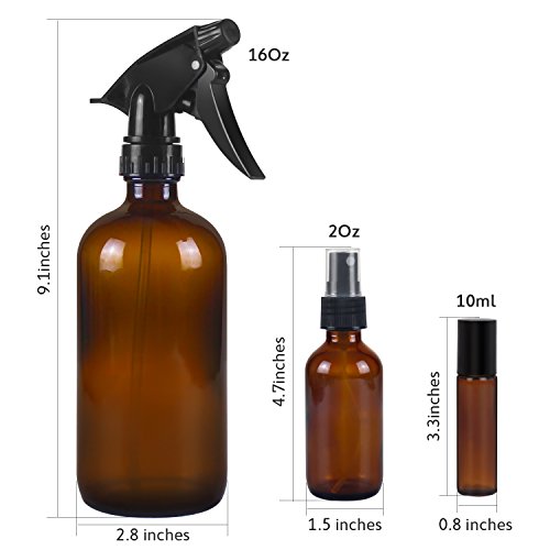 12 Pack Amber Glass Essential Oil Bottle Kits - 2 Pack 16oz & 4 Pack 2oz Spray Bottles & 6 Pack 10ml Roller Bottles for Essential Oils or Cleaning Agent. Labels, Droppers, Funnels and Lids Included