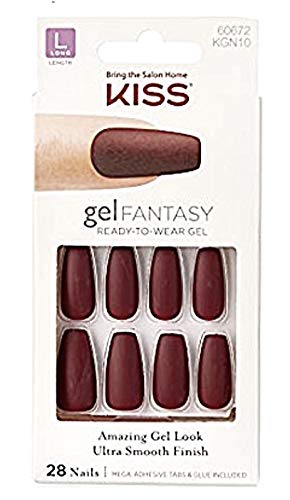 Kiss Coffin Shaped Long Length Gel Fantasy Matte Burgundy Nails # 60672 w/Mega-Adhesive Tabs & Glue