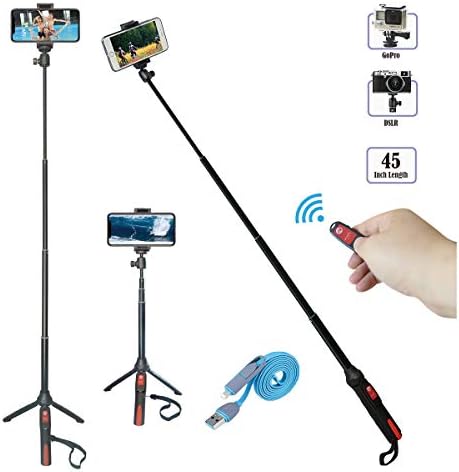 Selfie Stick Tripod, 45 in Extendable Monopod with Bluetooth Remote for Gopro Camera/iPhone X/iPhone 8/8 Plus/iPhone 7/iPhone 6/Samsung Galaxy S9/S9 Plus/Note 8/S8/S7/More 360 Degree Rotation