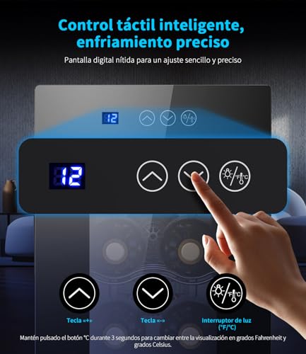 WIE Vinoteca Pequeña 6 Botellas - Mini Frigorífico con Puerta de Cristal 4–16°C, Enfriador de Vino con LED, Panel Táctil, 3 Niveles, <42 dB, para Casa, Bar, Dormitorio