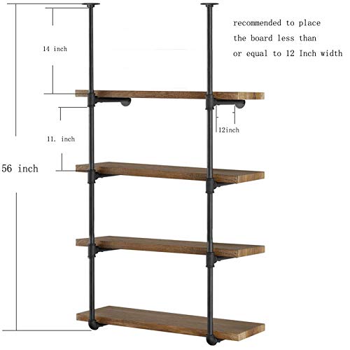 Yuanshikj 2Pc (56" Tall) (12" deep) Industrial Wall Mount Iron Pipe Shelf Shelves Shelving Bracket Vintage Retro Black Open Bookshelf Bookcase DIY Storage Office Kitchen (2 Pcs 4Tier Hardware only)