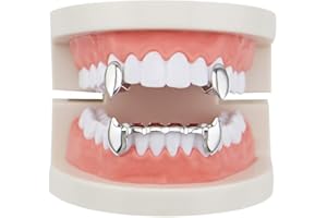 Retzjorv 18K Gold Plated Hip Hop Teeth Grillz Caps 2pc Single Fangs and 6 Bottom Grillz Set for Your Teeth Grills for Men Women Rapper Accessory